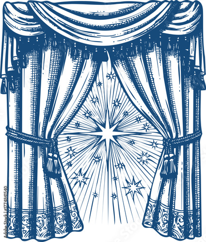 Ornate Blue Velvet Stage Curtains Revealing Starry Night Sky Illustration theater opera