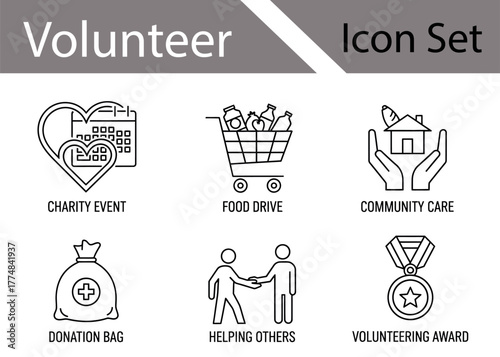 Volunteer & Community Service Line Icon Set — Charity, Helping Hands, Social Support, Nonprofit Vector Pack