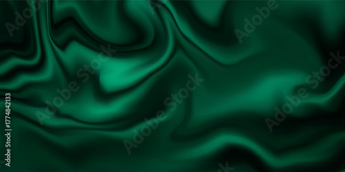 Green drapery silk fabric luxury background. Wavy abstract satin cloth vector texture pattern. Smooth shiny drape material curtain. Elegant velvet curve motion image realistic horizontal design.