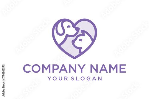 Minimalist Pet Love Logo with Dog and Cat in Purple Heart Shape Vector Illustration