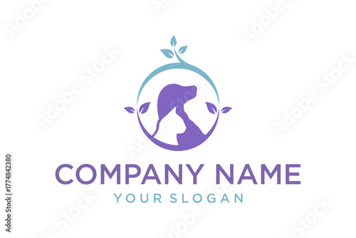 Pet Care Dog and Cat Logo with Leaves and Circle - Veterinary and Animal Wellness Brand Icon