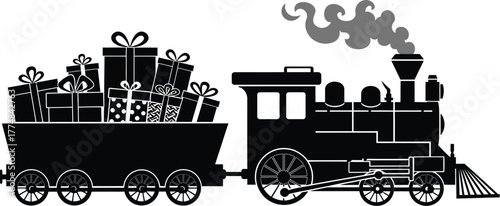 A festive steam train carrying a wagon full of christmas presents