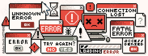 Pixel error popup windows. 8-bit warning messages, retro computer error alerts and pixel art danger popups as critical alert, fatal error, access denied, connection lost. Computer warnings concept