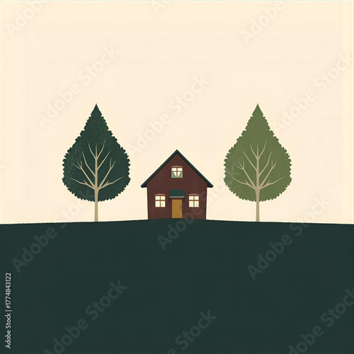 A charming minimalist illustration of a small, cozy house nestled peacefully between two elegant trees atop a gentle green hill, creating an idyllic scene of domestic tranquility