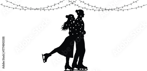 Silhouette of a couple ice skating under string lights, capturing a romantic winter scene with festive charm