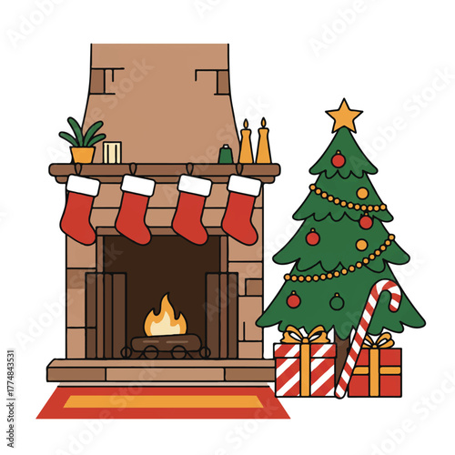 Illustration of a cozy fireplace with Christmas stockings, a decorated tree, and gifts on a white background with warm tones.