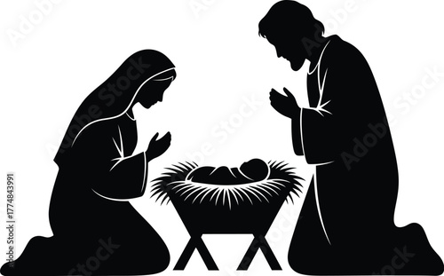 Silhouette of holy family kneeling before baby jesus in a manger, a symbol of christmas and nativity scene