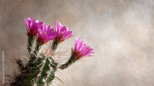 a cactus, with its pink flowers prominently displayed in the foreground, against a blurred, out-of-focus background