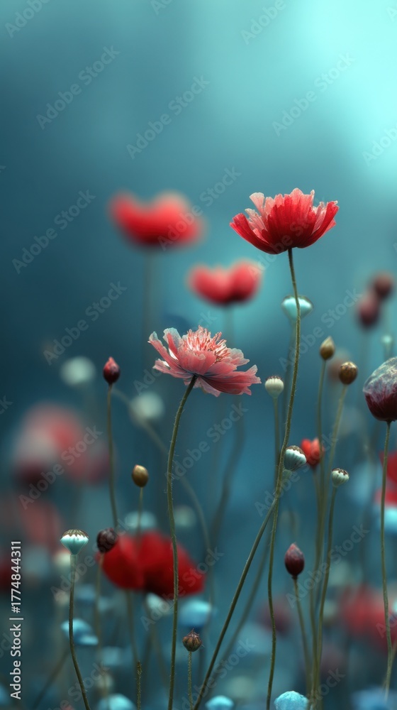 Obraz premium Field of Blooming Flowers: A vibrant display of delicate petals and slender stems. The scene evokes a sense of tranquility, harmony and the splendor of nature.