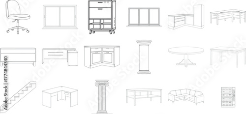 Compilation of technical drawings and blueprints for furniture, stairs, and industrial components