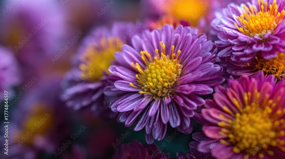 Fototapeta premium Purple Chrysanthemum Bouquet: A macro capture vibrant purple chrysanthemum with a golden center, part of beautiful bouquet, fills the frame, inviting you to revel in the splendor of nature's artistry.