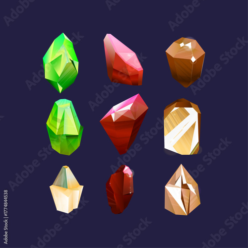 Vibrant collection of colorful shining crystals and precious gemstones in a stylized vector design