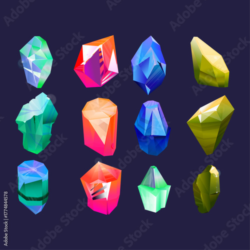 Colorful Gems & Crystals Vector Set, Cartoon Style Precious Stones Elements Isolated Dark Background