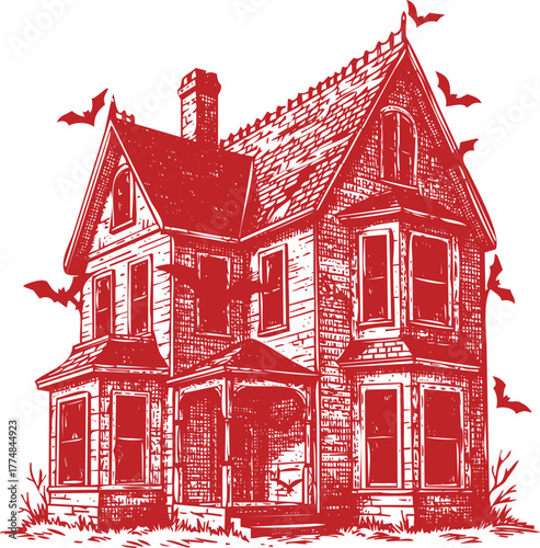 Spooky Red Haunted House with Bats Flying Around Illustration scary