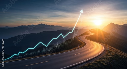 Drive your business success with a strategic roadmap to a brighter future, showing exponential growth and financial prosperity with a winding road