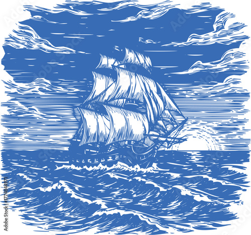 Tall Ship Sailing on Wavy Sea with Setting Sun and Clouds schooner boat