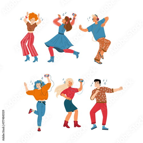 Diverse young adults expressing joy through vibrant dance moves while listening to music with headphones and smartphones