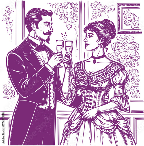 Victorian Couple Toasting with Champagne in Purple Illustration woman formal