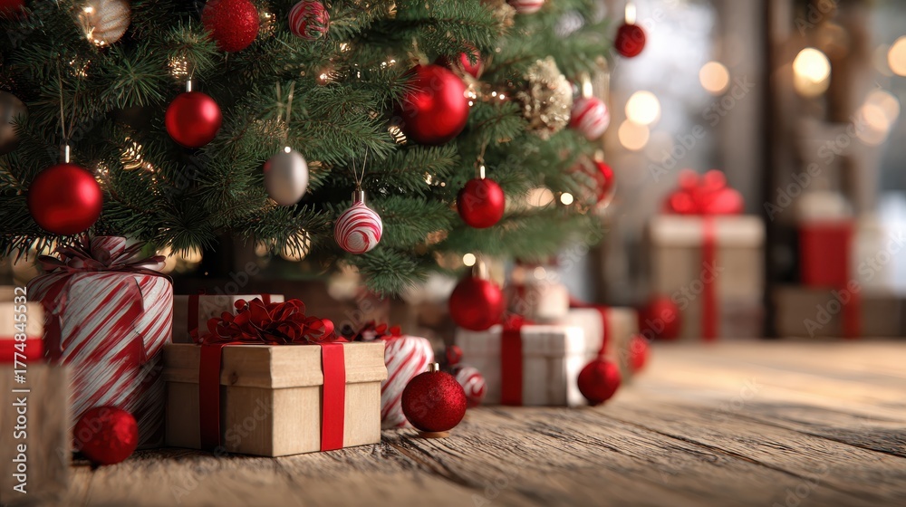 Fototapeta premium merry christmas greeting card with a christmas tree red ornaments baubles and gift boxes on the floor