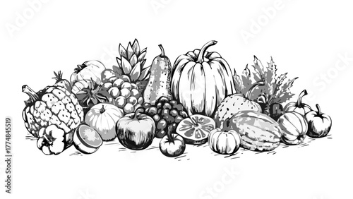 Illustration of fruits pumpkins and vegetables still life drawing harvest season food organic fresh produce 100 char