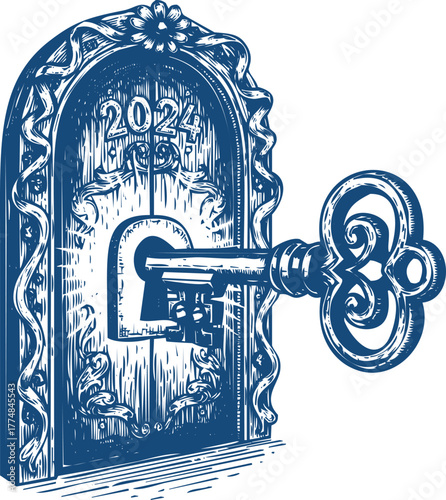 Vintage Key Entering A Decorative Door Lock With Year 2024 antique