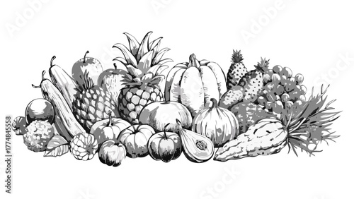 Still life illustration of fruits vegetables pumpkin pineapple grapes apple squash avocado and melon drawing 100
