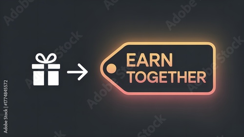 Collaborative Earning and Rewards Program: Gift Box Icon Leading to a Glowing Price Tag with 