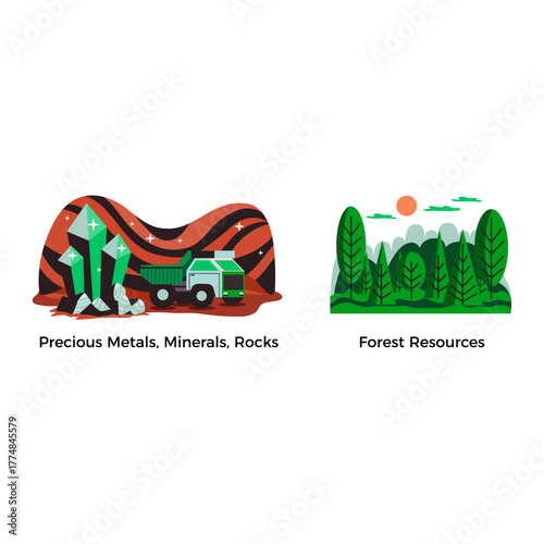 Illustrative concept of natural resources showing precious metals, minerals, rock mining, and green forest ecosystems
