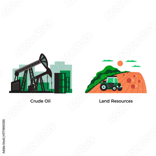 Flat vector illustrations comparing crude oil industry with agricultural land resources and farming