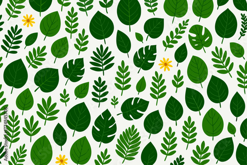 Seamless pattern of green tropical leaves with various shapes showing natural freshness and botanical harmony in modern design