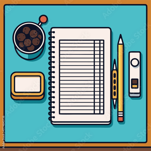 Stationery set with notebook pencil pen and eraser on desk showing creative workspace concept and minimal office organization