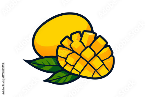 Half cut mango with yellow cubes and green leaf showing tropical freshness and sweet juicy flavor in simple colorful style