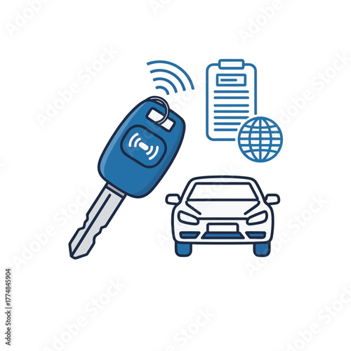 Smart car key and automotive service icons. Vector illustration of a wireless remote, vehicle, and documents. Car rental, security, and GPS technology concept