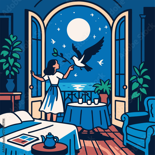 Woman standing near balcony under full moon reaching toward flying bird in calm night atmosphere with peaceful dreamlike feeling