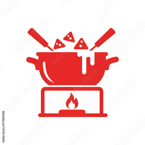 Red cheese fondue pot icon. Flat vector illustration of a traditional Swiss meal. Gourmet food symbol for a restaurant menu