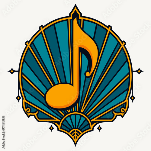 Golden musical note inside shell shaped frame with artistic decorative style combining music and ocean inspiration in elegant modern theme