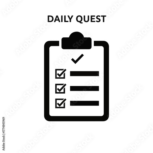 Daily quest checklist vector icon. Flat design clipboard with a completed to-do list. Task management symbol for game UI isolated on a transparent background