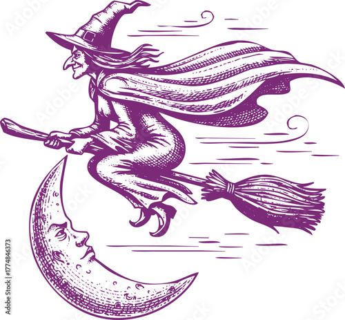 Witch Flying on Broomstick Past a Crescent Moon with Face Illustration vector