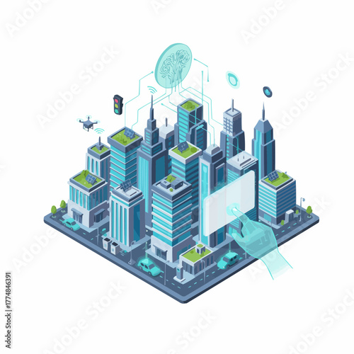 Futuristic smart city concept with artificial intelligence controlling urban infrastructure and services