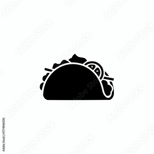 Simple black silhouette of a delicious taco filled with lettuce tomato and sour cream