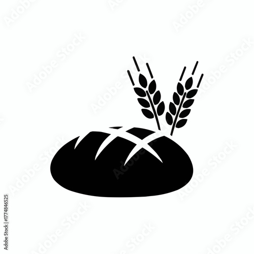 Stylized black silhouette of a loaf of bread with two wheat stalks emerging from behind it
