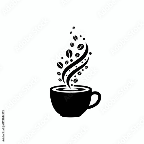 Black silhouette of a steaming coffee cup with swirling steam and coffee beans rising
