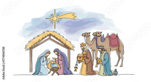 The Magi with Gifts and Camels Adore the Holy Family: Mary and Joseph with Baby Jesus in the Cradle, Illuminated by the Star of Bethlehem. One-line doodle drawing with watercolor fill, vector print