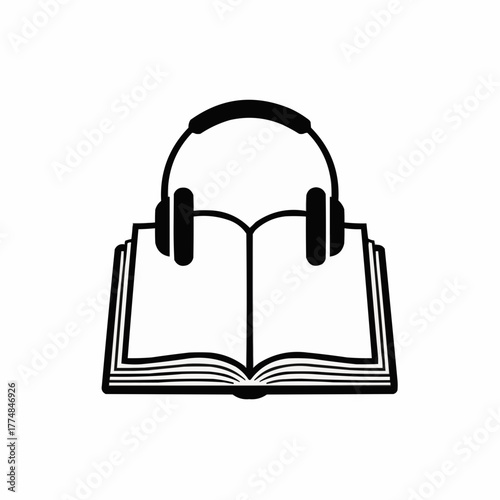 Illustration of an open book with headphones resting on top of the pages