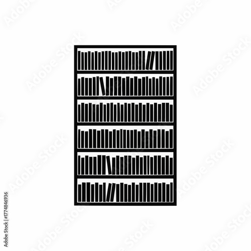 Black and white illustration of a full bookshelf with multiple shelves books