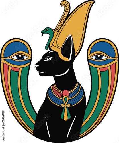 Bastet Egyptian Cat Goddess Symbol Icon with Eye of Ra Decoration Vector
