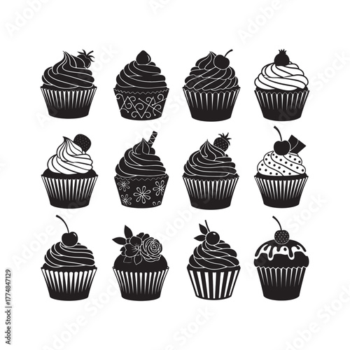 Collection of cupcake vector silhouette dessert pastry graphic illustrations
