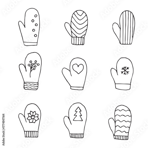 Mittens set of elements, hand drawing, doodles, outline, vector illustration