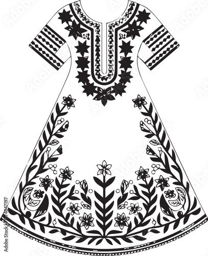 Black and White Dress Folk Ornament Traditional Floral Pattern Isolated
