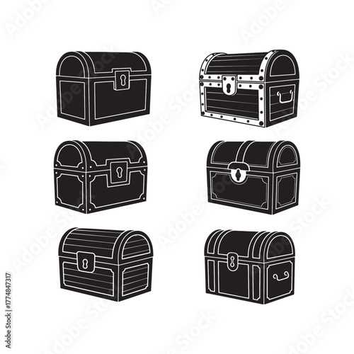 Collection of Treasure Chests Black and White Pirate Loot Illustration